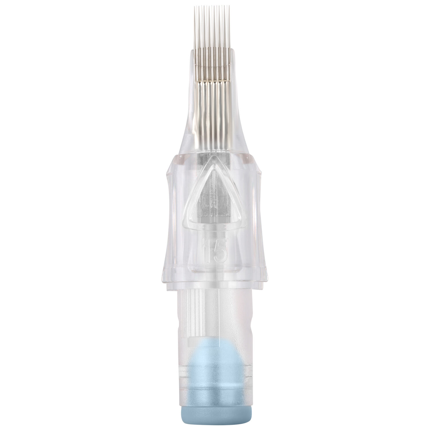 Premium Magnum Long Taper Cartridges 17/0.35 Läpinäkyvä tatuointineulapatruuna, jossa on 17 neulaa ja sininen kärki valkoisella taustalla