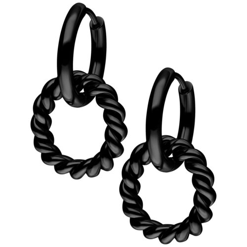 Mustat Twisted Circle Hoops kirurginteräksestä klipsilukolla valkoisella taustalla