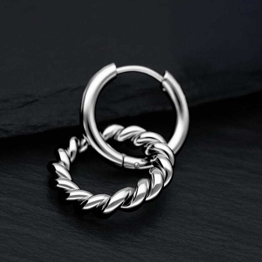 Hopeiset Twisted Circle -korvakorut ruostumattomasta teräksestä mustalla taustalla