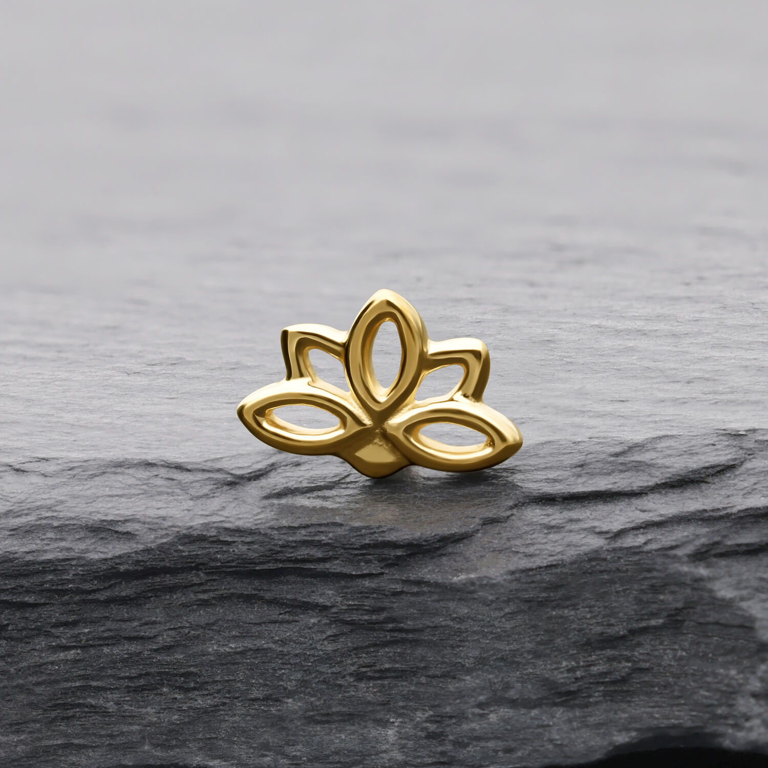 Kultainen Lotus-koriste harmaalla kivellä, selkeät linjat ja kiiltävä pinta