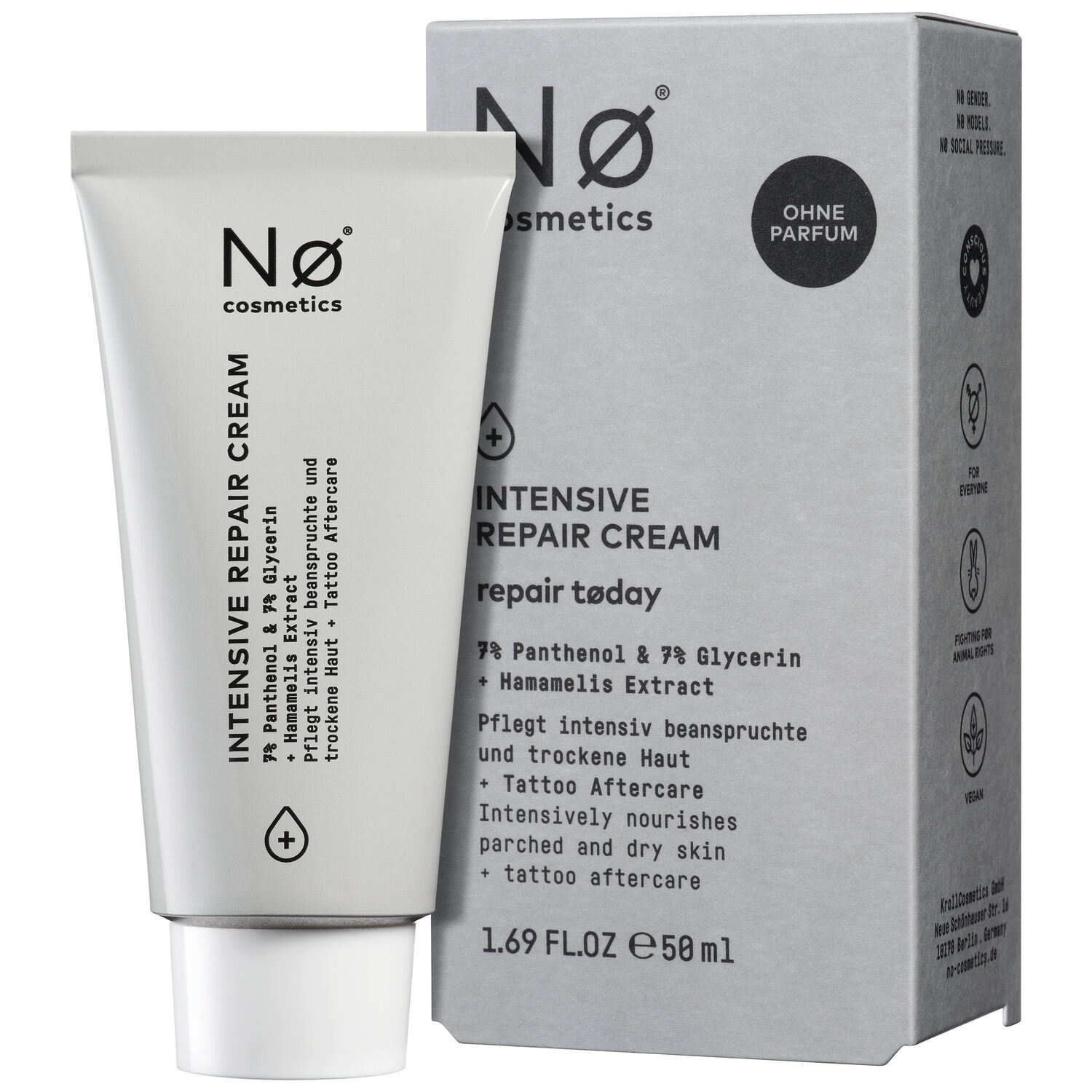 Harmaa No Cosmetics Intensiv Repair Cream -tuubi harmaan pakkauksen vieressä