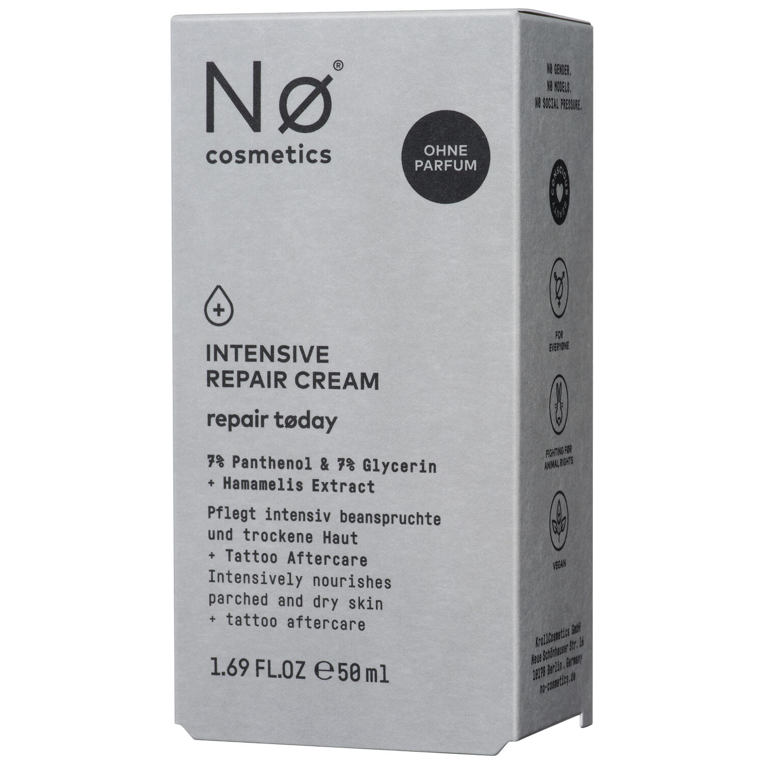 Nø Cosmetics Intensiv Repair Cream 50ml:n harmaa pakkaus tekstiyksityiskohdilla
