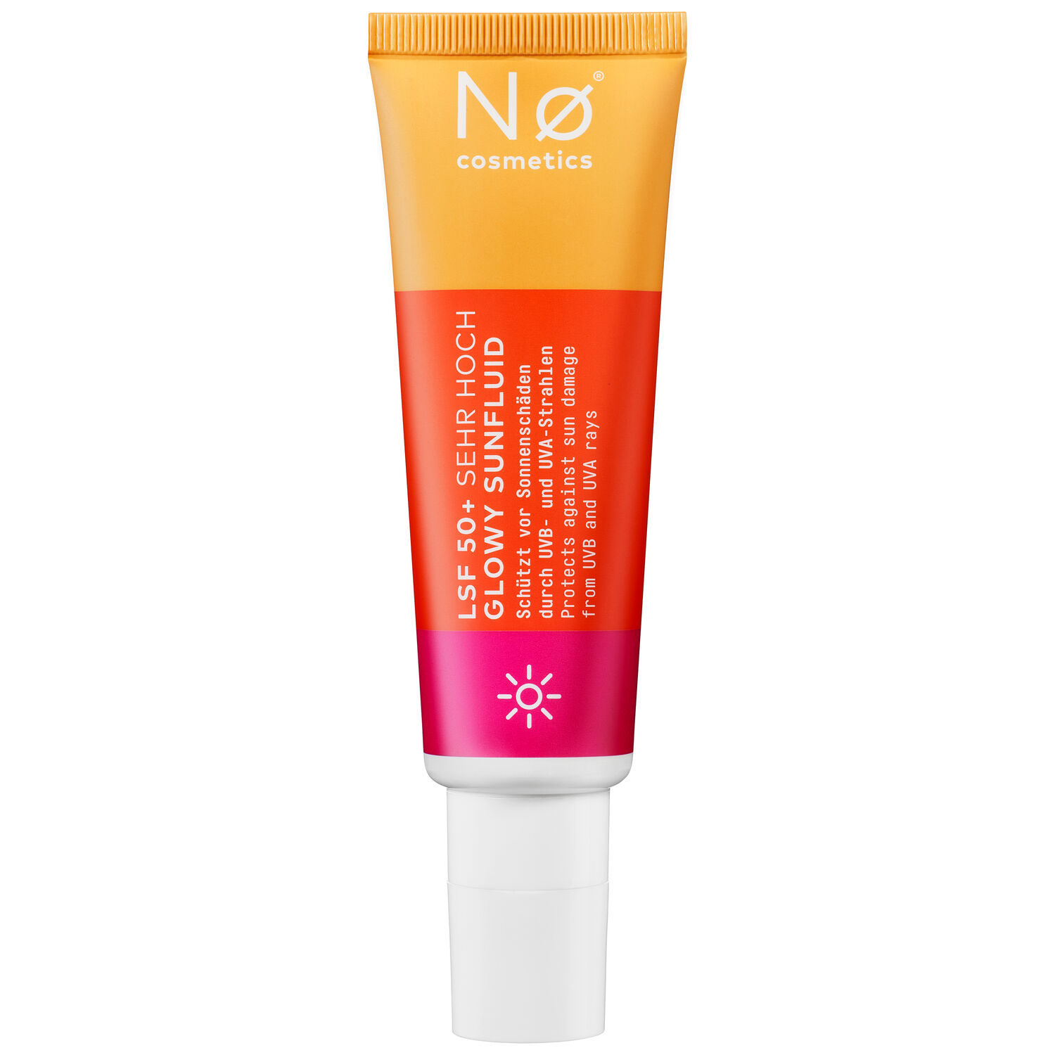 No Cosmetics Glowy Sunfluidin vaaleanpunainen ja oranssi tuubi valkoisella taustalla