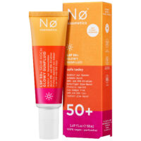 Nø Cosmetics Glowy Sunfluid LSF50 oranssi-vaaleanpunaisessa tuubissa pakkauksen kanssa
