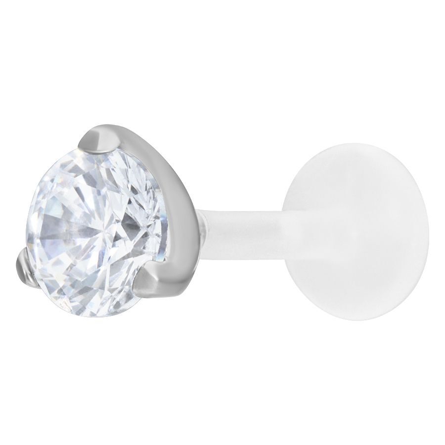 Hopeinen Labret kristallilla - 4,0 mm Hopeinen labret kirkkaalla kristallilla, 4,0 mm pallokoko, valkoisella taustalla
