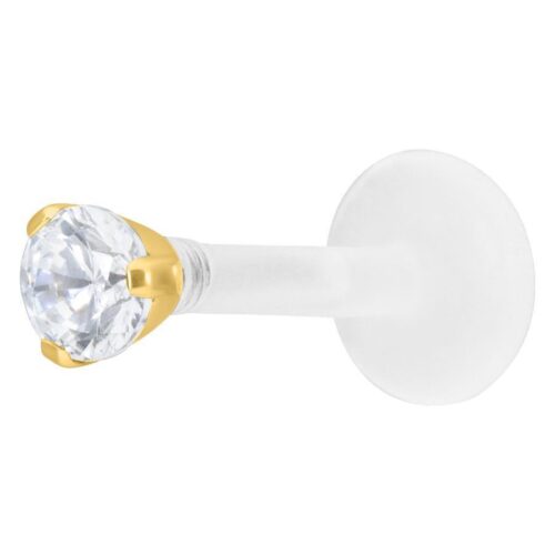 Kultainen labret-piercing 2,5 mm kristallinkirkkaalla kivellä valkoisella taustalla