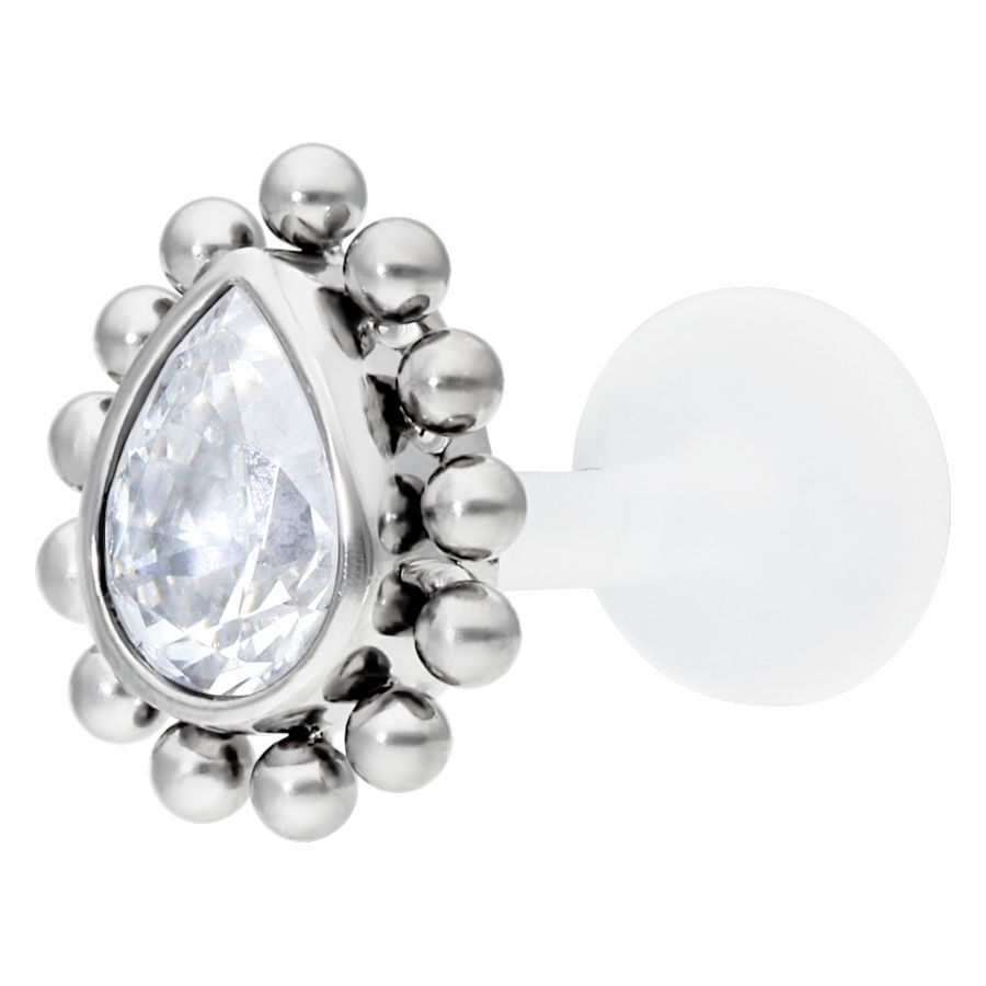 Hopeinen labret kristallilla pisaran muodossa valkoisella taustalla