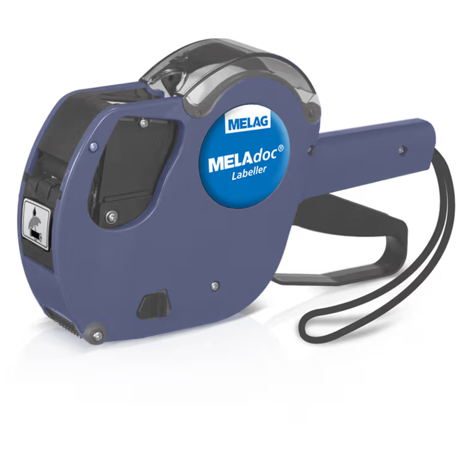 Sininen MELAdoc Labeller sterilointiin Sininen MELAdoc Labeller ergonomisella kahvalla valkoisella taustalla