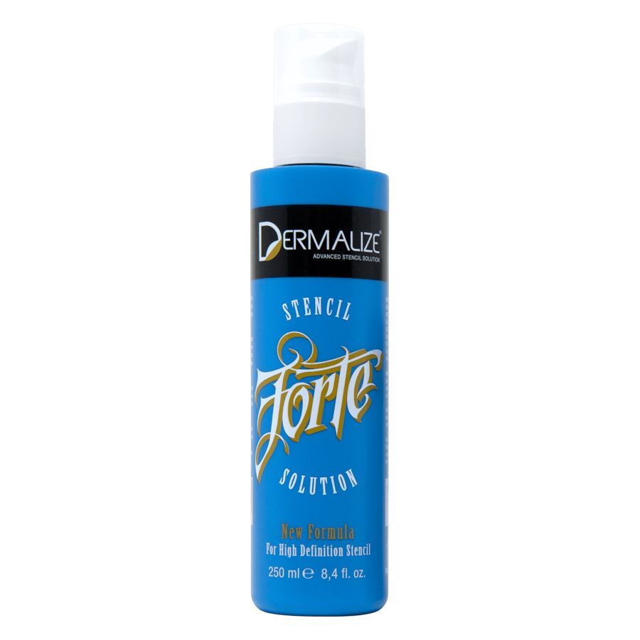 Sininen 250 ml Stencil Solution Forte -pullo valkoisella korkilla
