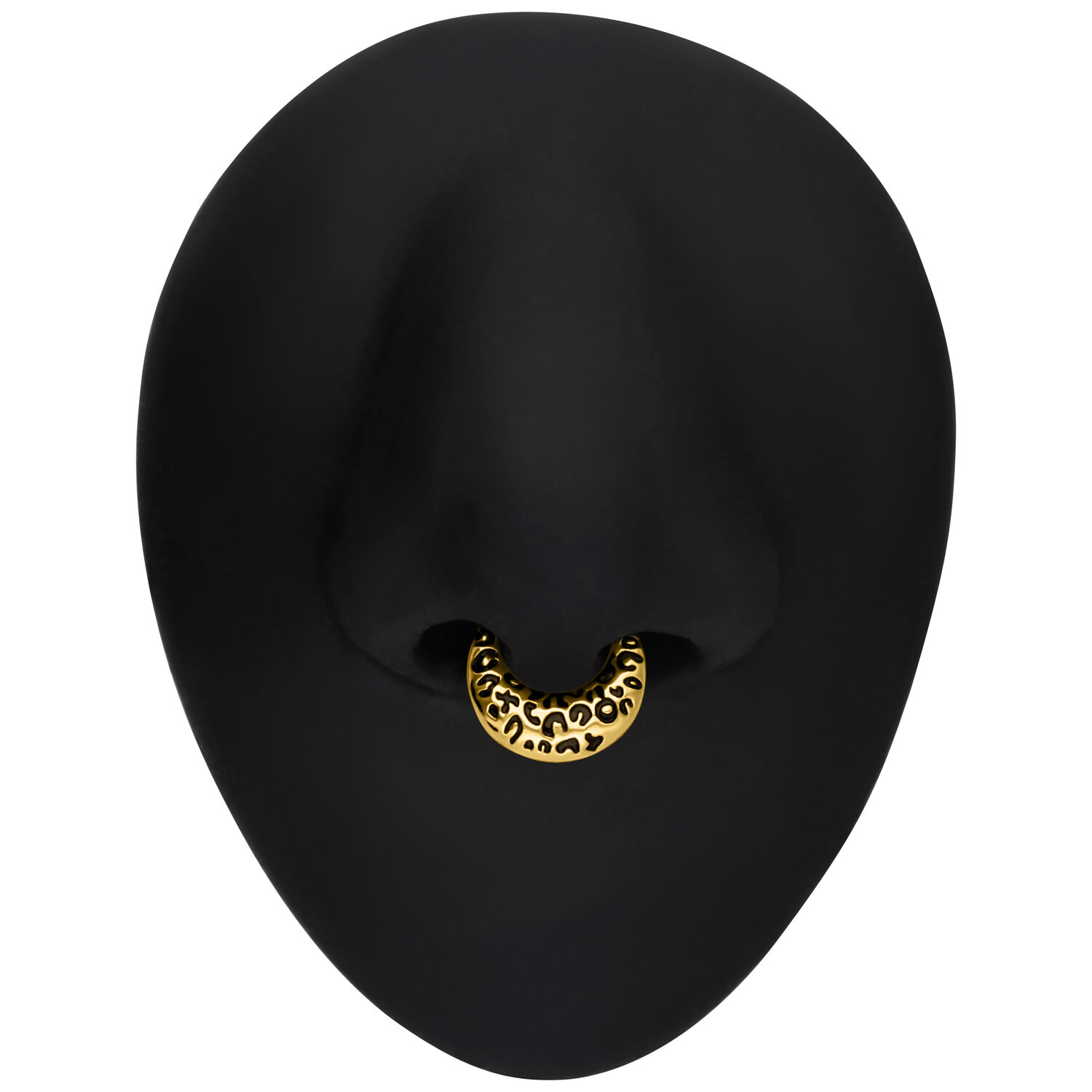 Kultainen Leopardiseptum Clicker titaanista Kultainen septum clicker leopardikuviolla mustalla taustalla