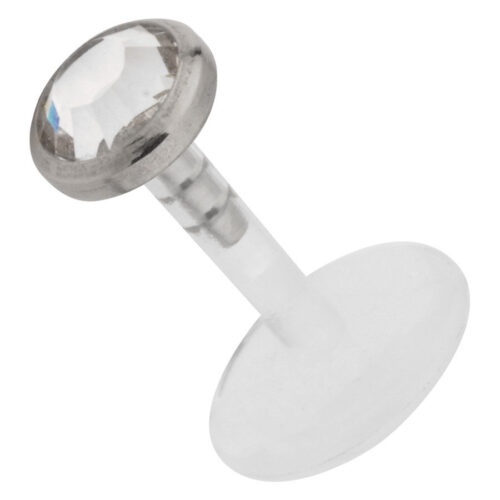 Hopeinen Micro Labret kirkkaalla kristallilla valkoisella taustalla