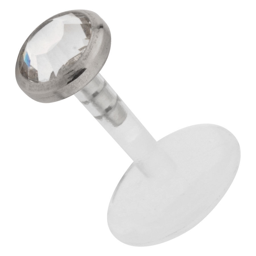 Kristallinkirkas Micro Labret -lävistys Hopeinen Micro Labret kirkkaalla kristallilla valkoisella taustalla