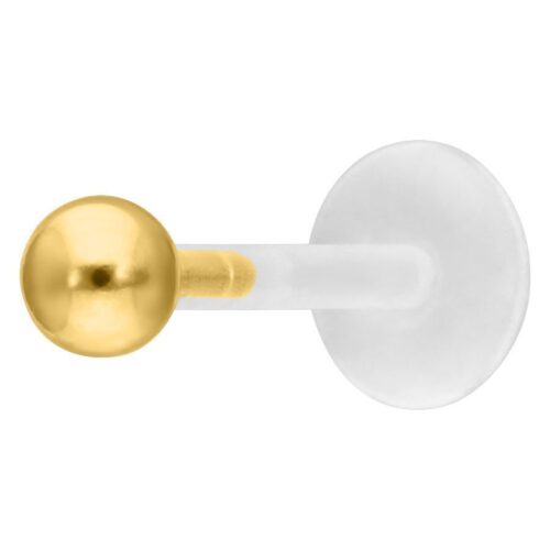 Kultainen Push-Fit Labret -lävistys pallomaisella päällä valkoisella taustalla