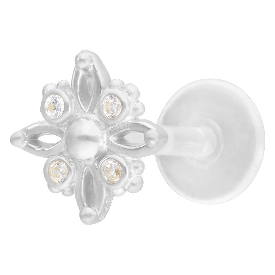 Hopeinen Polar Star Push-Fit Labret Hopeanvärinen labret tähtimuotoisella päällä ja kristalleilla valkoisella taustalla