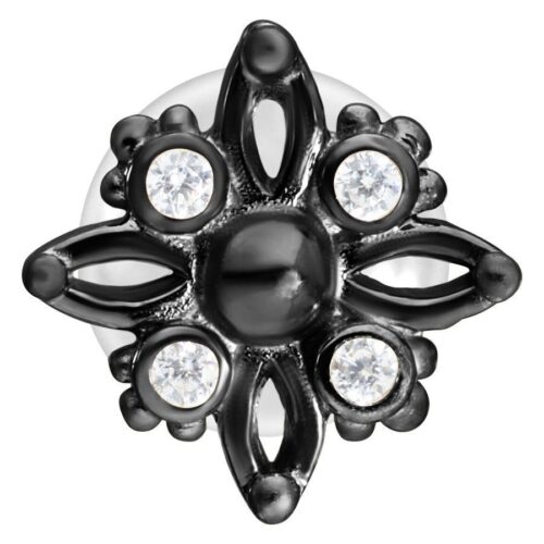 Musta Push-Fit labret tähtimuotoisella designilla ja kristallinkirkkailla kivillä valkoisella taustalla