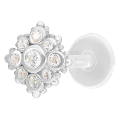 Hopeinen Push-Fit Labret kristallinkirkkailla kivillä valkoisella taustalla