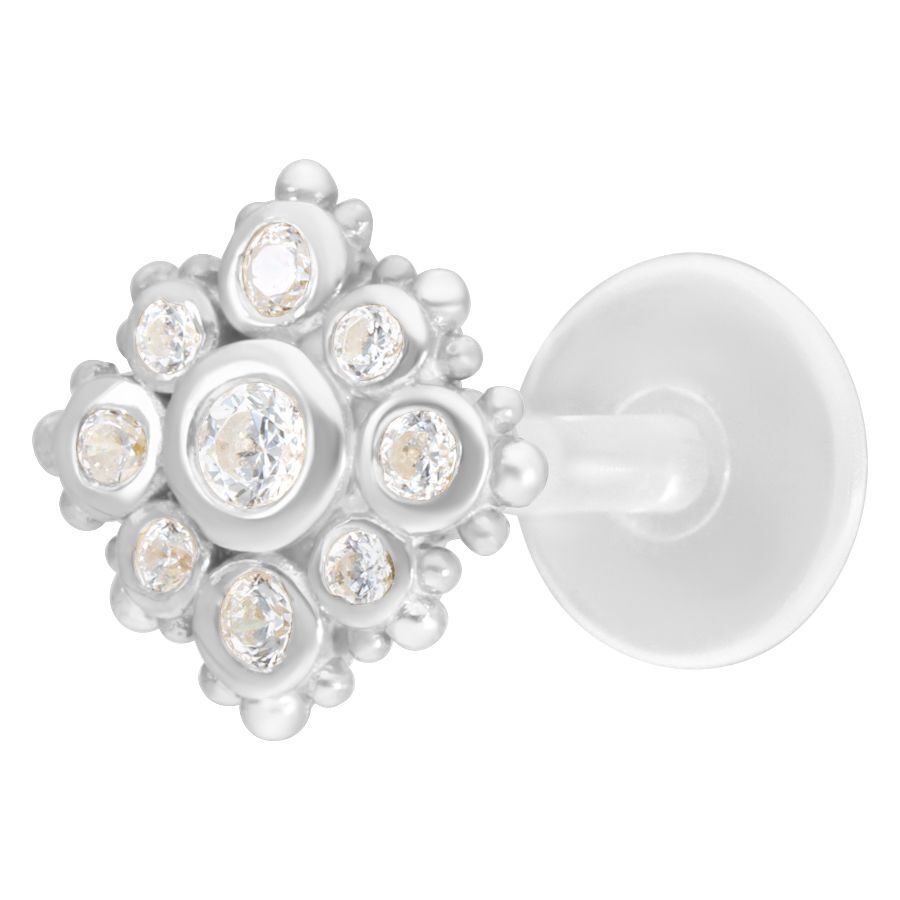 Hopeinen Push-Fit Labret kristallinkirkkailla kivillä valkoisella taustalla