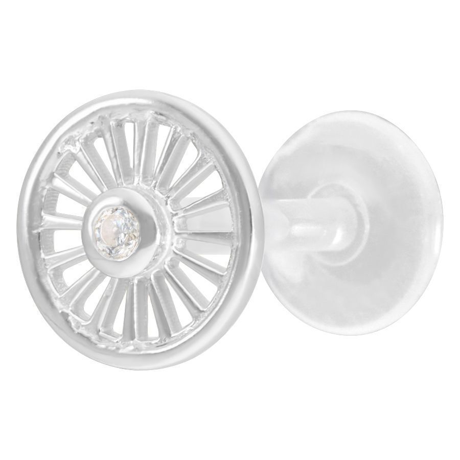 Hopeinen Suncircle Push-Fit Labret kristallilla Hopeinen labret pyöreällä kristallipäällä valkoisella taustalla