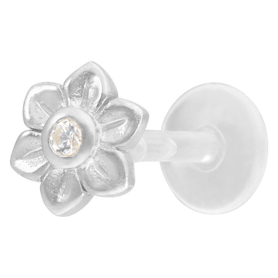 Hopeinen kukkakuvioinen labret kirkkaalla kristallilla valkoisella taustalla