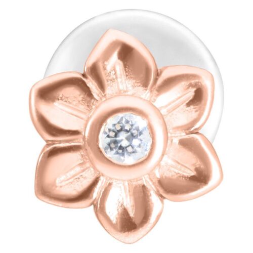 Ruusukultainen Kukka Push-Fit Labret kristallinkirkkaalla kivellä valkoisella taustalla