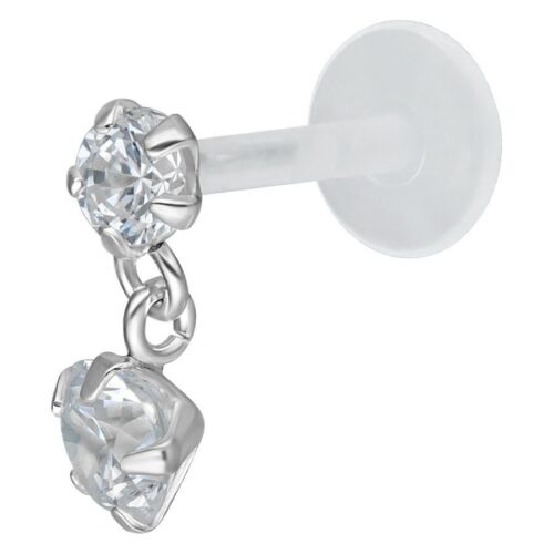 Hopeinen Push-Fit labret kirkkaalla kristalliriipuksella valkoisella taustalla