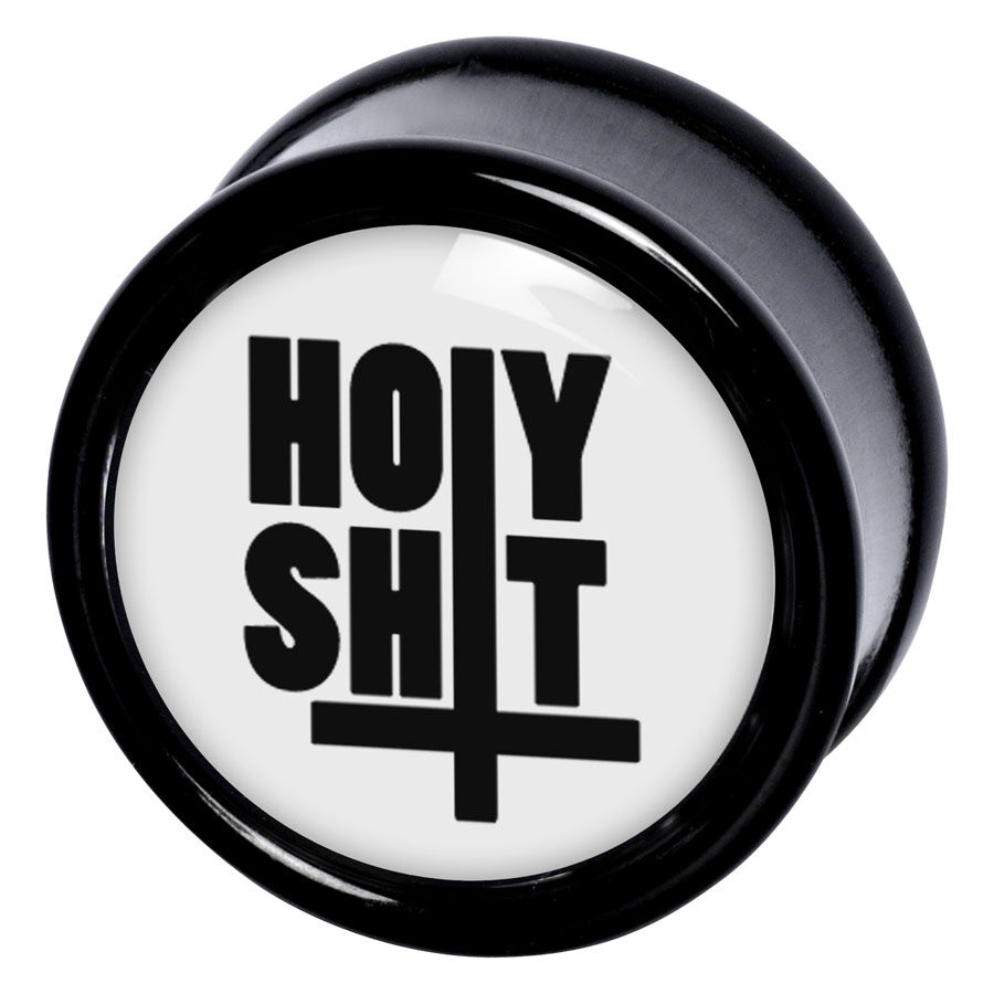 Wildcat Holy Shit Plug mustavalkoisena Musta plugi, jossa 'Holy Shit' teksti valkoisella taustalla