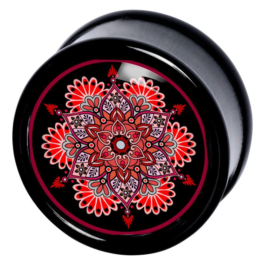 Flourish Mandala Plug mustana ja punaisena Musta plugi punaisella mandala-kuviolla tummalla taustalla