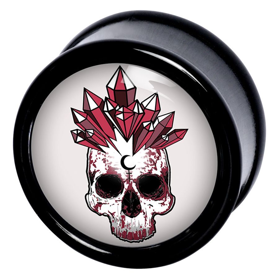 Crystal Skull -plug mustana ja punaisena Musta plug punaisella kristallikallon kuvioinnilla valkoisella taustalla