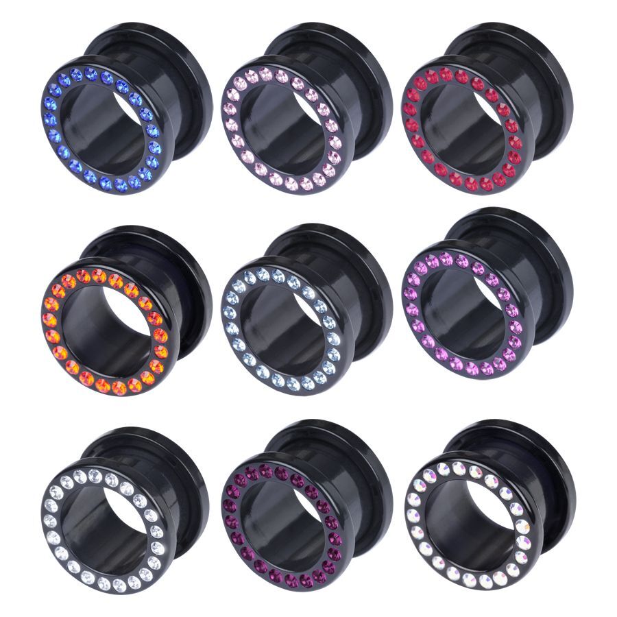 Bunter Darkside Multi Jewelled Tunnel Musta tunneli, jossa kristalleja sinisenä, vaaleanpunaisena, oranssina ja muina väreinä valkoisella taustalla