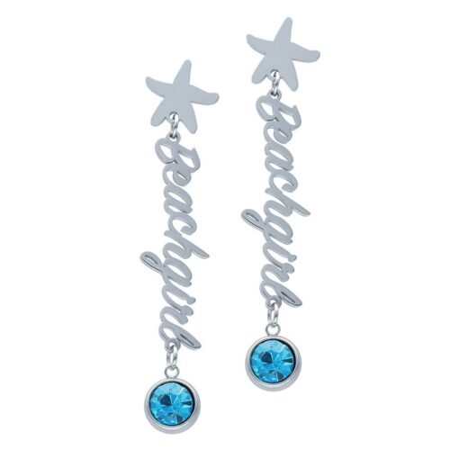 Hopeiset korvakorut Beachgirl-tekstillä ja akvamariininvärisellä kristallilla valkoisella taustalla