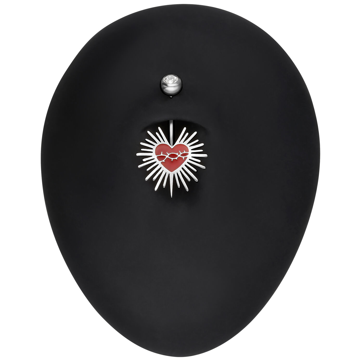 Hopeinen Sacred Heart Barbell 10mm Hopeinen Bananabell punaisella sydämellä ja piikkilangalla mustalla taustalla