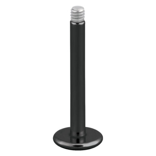 Musta titaaninen labret-tappi ulkokierteellä valkoisella taustalla