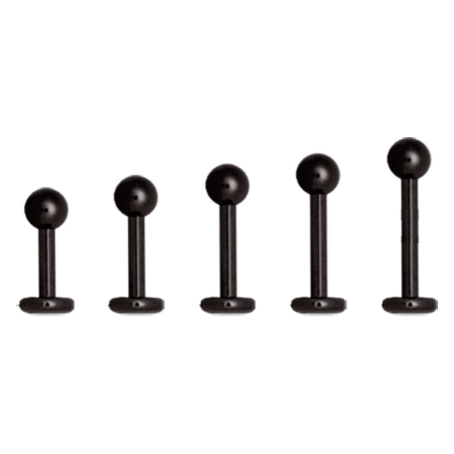 Musta labret-piercing kirurginteräksestä Viisi mustaa labret-piercingiä kirurginteräksestä valkoisella taustalla