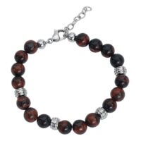 Mahagony-rannekoru kirurginteräksestä Mahagony-ruskea rannekoru kirurginteräksestä, punaisia ja mustia helmiä, hopeisia yksityiskohtia