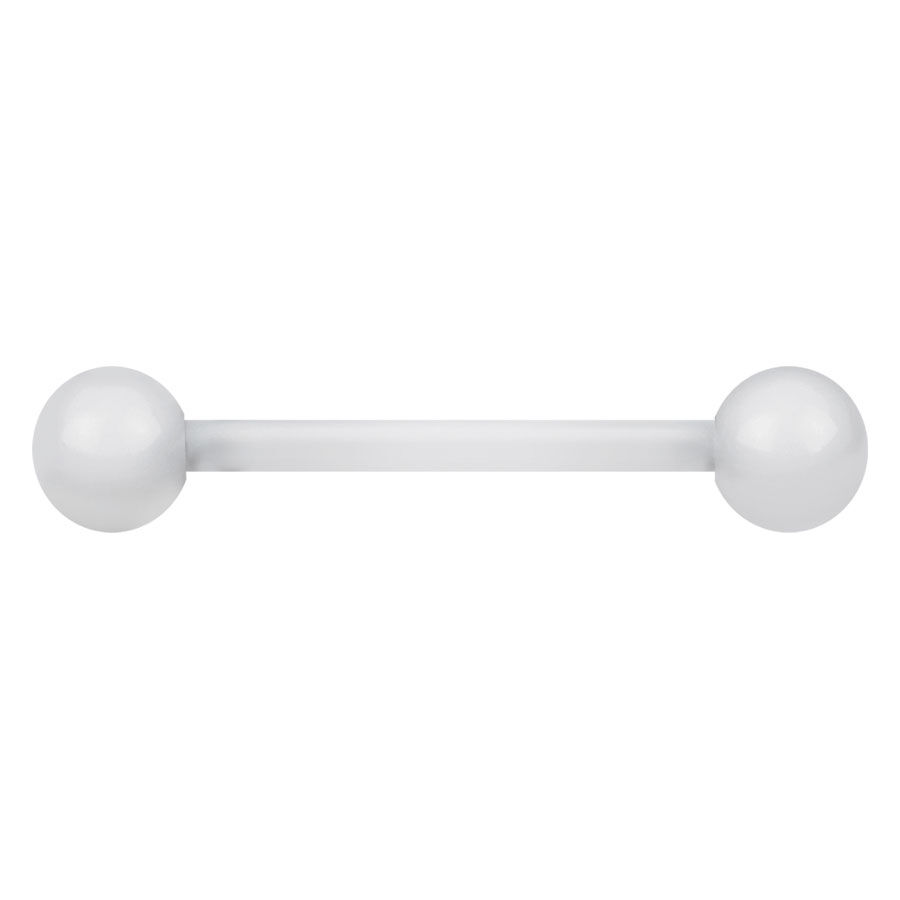 Kirkas Bioplast Barbell -lävistys Kirkas Barbell-lävistys Bioplastista, jossa kaksi palloa valkoisella taustalla