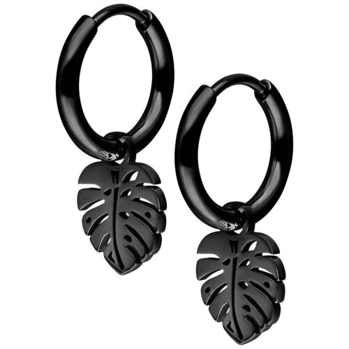 Musta Mini Monstera -korvakorut kirurginteräksestä valkoisella taustalla