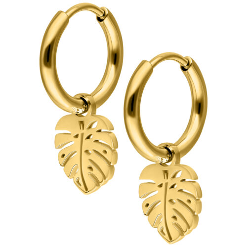 Kultaiset Mini Monstera -korvakorut valkoisella taustalla