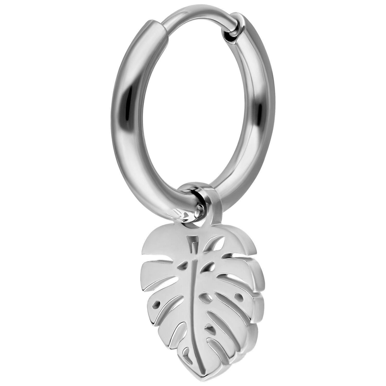 Hopeinen korvakoru Monstera-riipuksella valkoisella taustalla