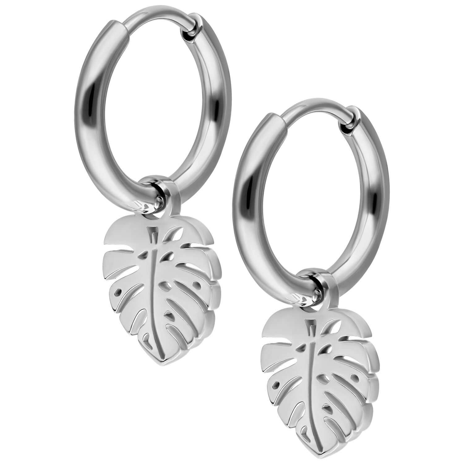 Hopeiset Mini Monstera -renkaat kirurginteräksestä valkoisella taustalla