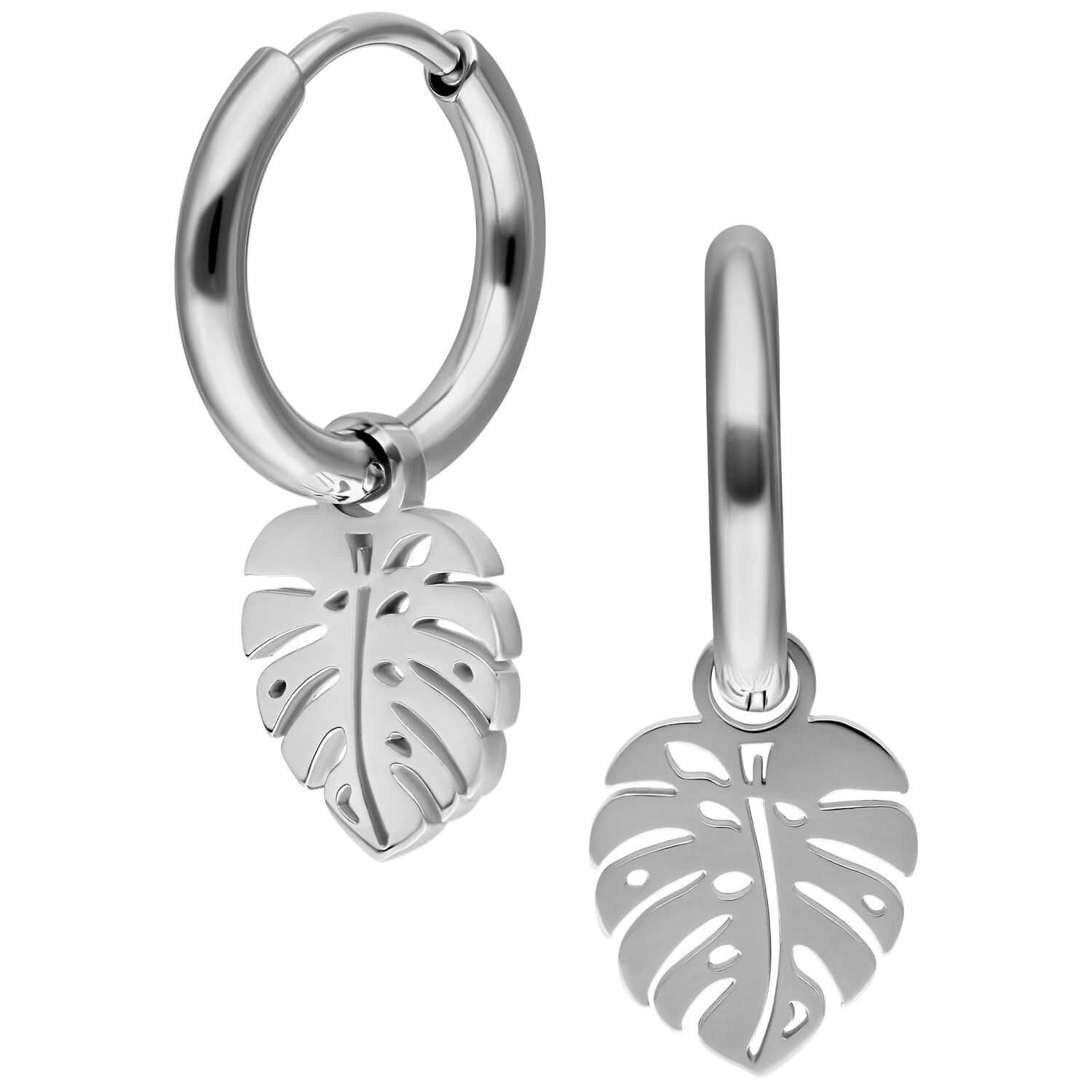 Hopeiset Mini Monstera -korvakorut klipsikiinnityksellä valkoisella taustalla