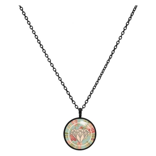 Musta kaulakoru pyöreällä riipuksella, Diamond Roses -design, valkoisella taustalla