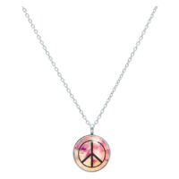 Hopeinen kaulakoru, jossa musta-pinkki Peace-riipus valkoisella taustalla