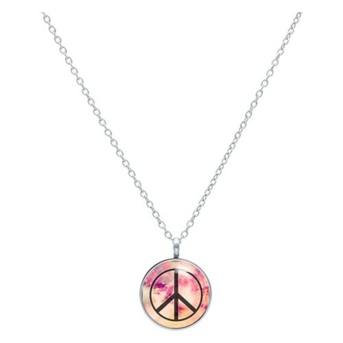 Hopeinen kaulakoru, jossa musta-pinkki Peace-riipus valkoisella taustalla
