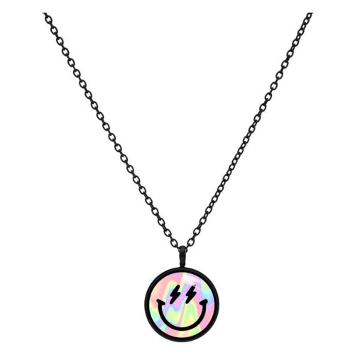 Musta Smiley-kaulakoru pyöreällä riipuksella valkoisella taustalla