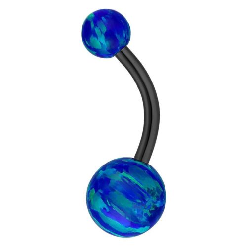 Tummansininen opaalibananabell-piercing, 8 mm pituus, valkoisella taustalla