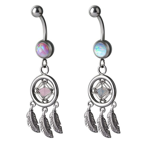 Dreamcatcher Opal Bananabell hopeassa Hopeinen Bananabell mintunvihreällä ja vaaleanpunaisella opaalilla ja dreamcatcher-muotoilulla