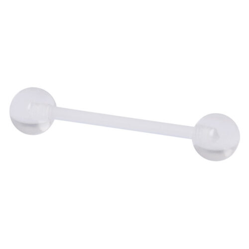 Läpinäkyvä barbell, jossa kaksi PTFE-palloa valkoisella taustalla