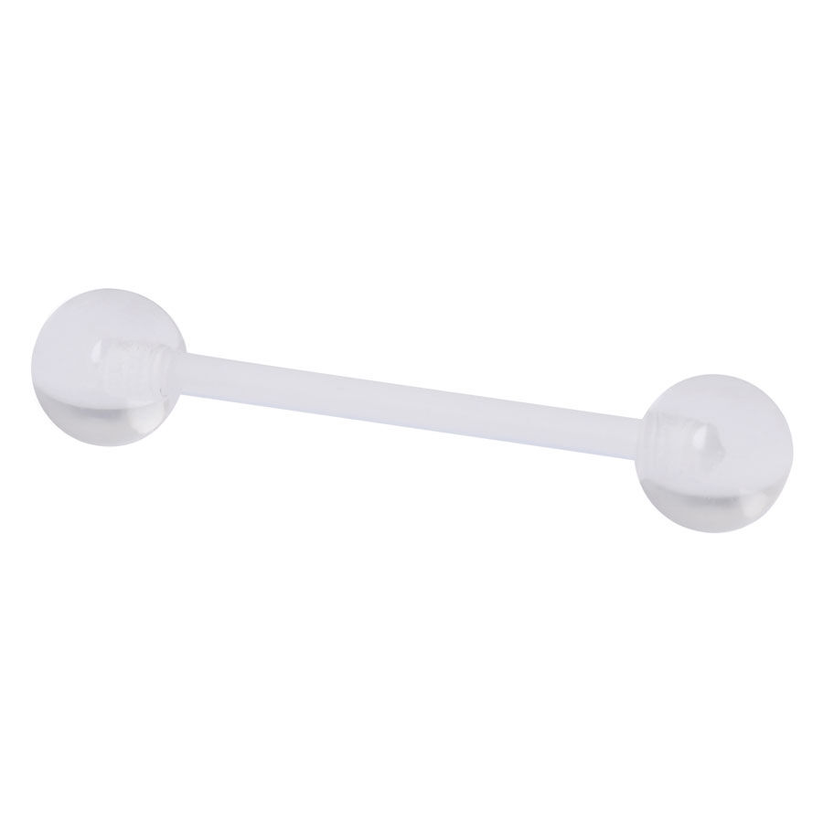 Läpinäkyvä barbell, jossa kaksi PTFE-palloa valkoisella taustalla
