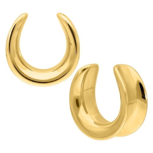 Kultaiset Ear Saddles kirurginteräksestä, koko 30mm, valkoisella taustalla