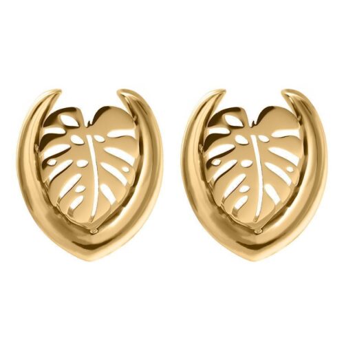 Kultaiset Monstera-korvakorut kirurginteräksestä, 30mm, valkoisella taustalla